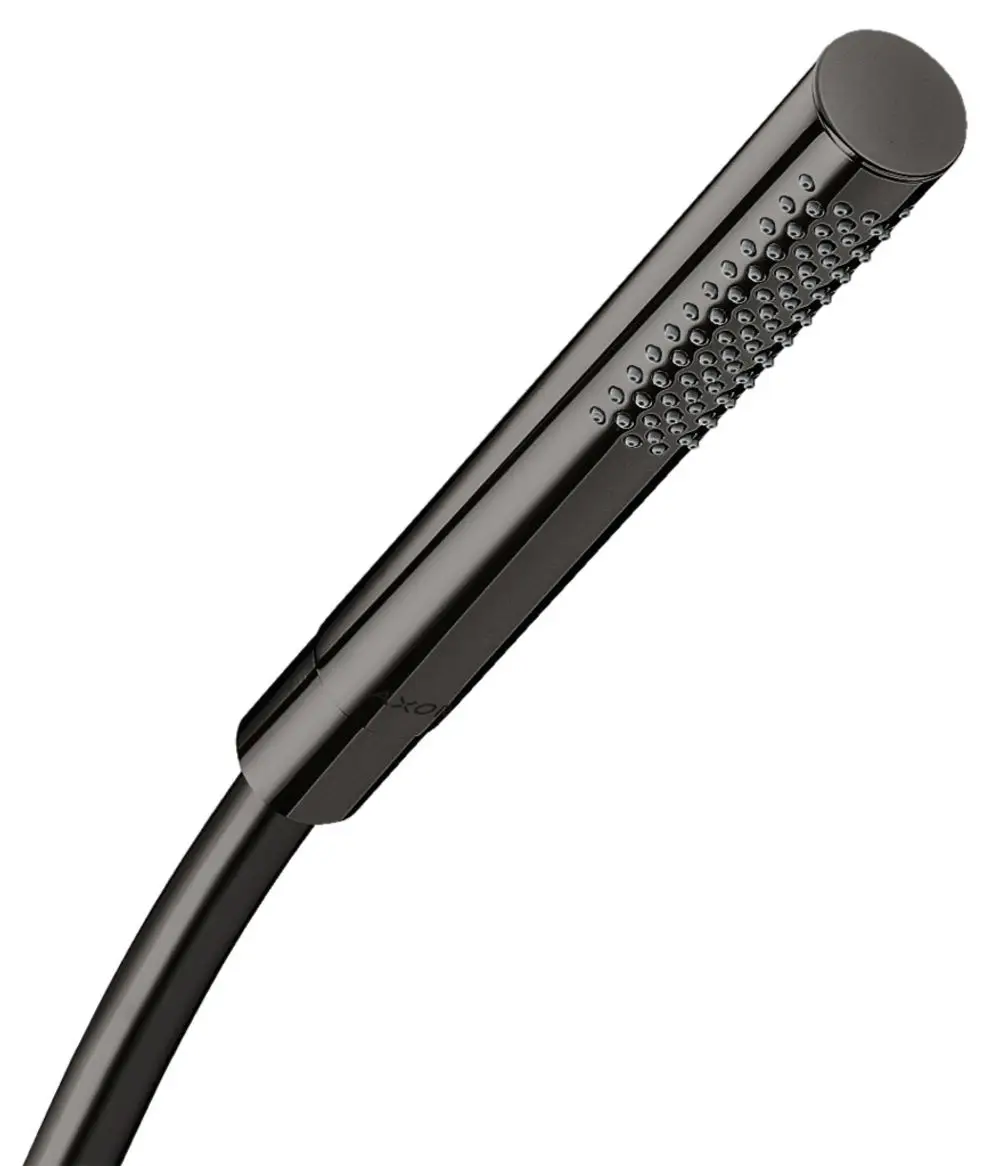 Stabhandbrause in Schwarz mit runder, flacher Düse und rechteckigem Griff. Teil der AXOR Kollektion, geeignet für moderne Badezimmer.